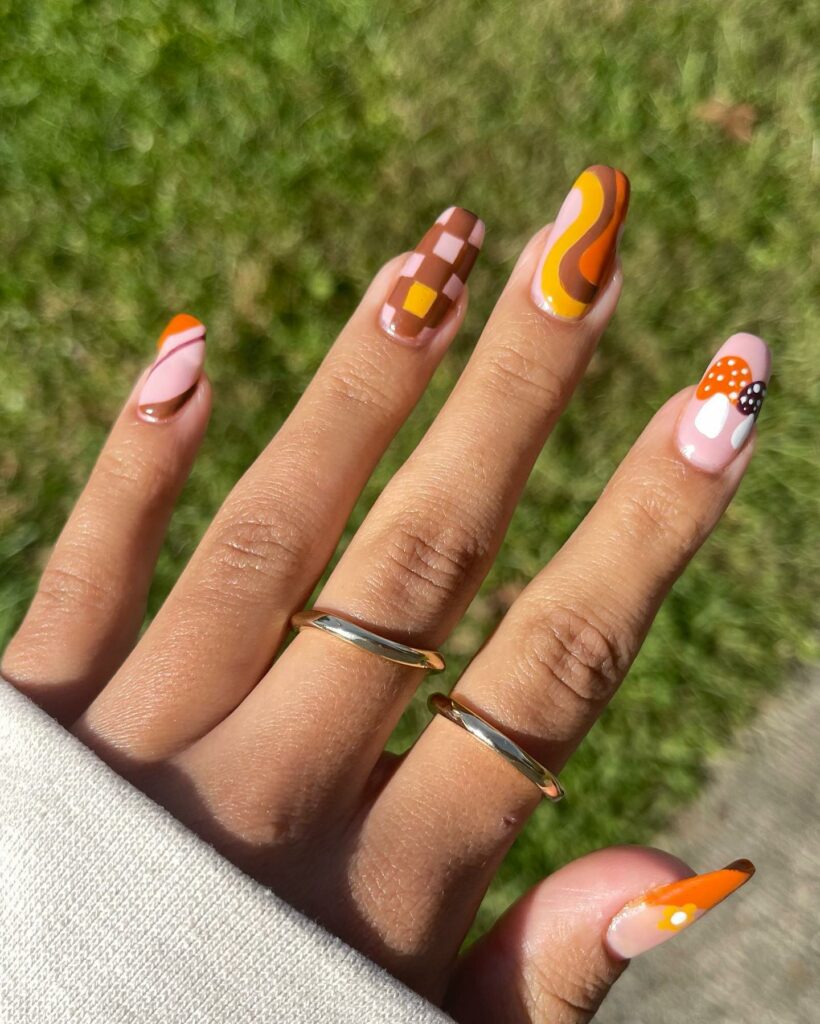 Brown Mushroom Nails With Checkered And Swirl Design