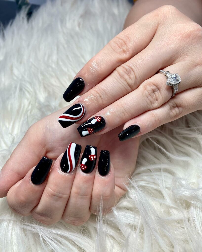 Mushroom Design On Black Base Nails