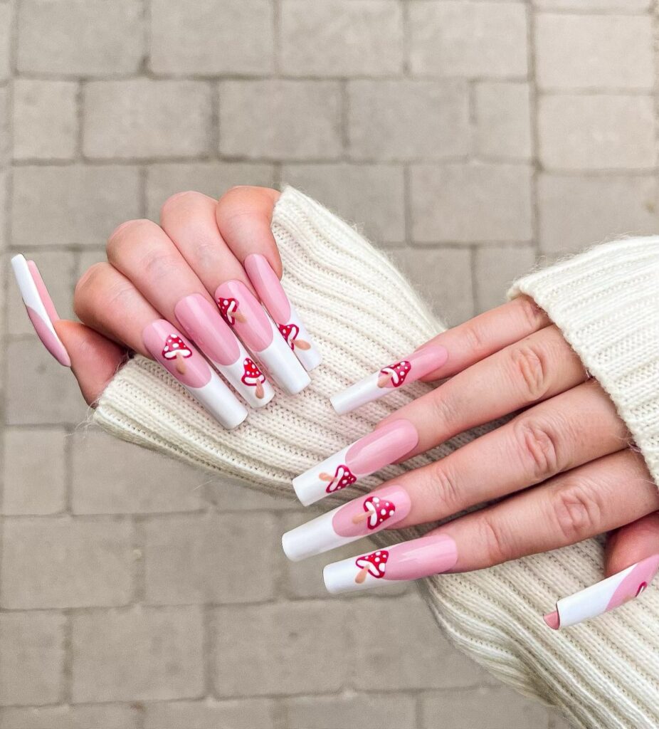 Mushroom Design On Long French Nails