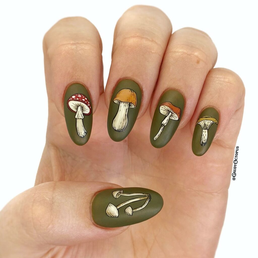 Mushroom Design On Matte Green Almond Nails