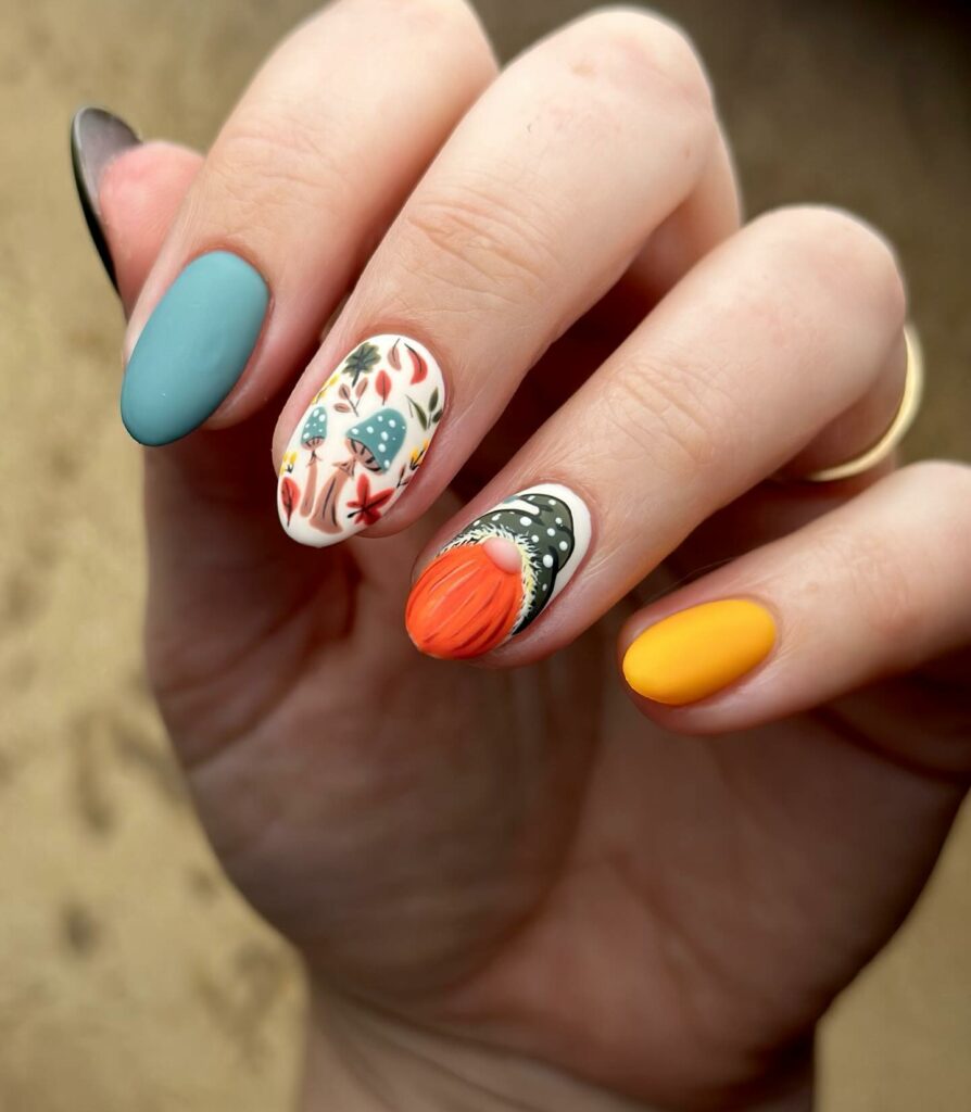 Mushroom Nails With Botanical And 3D Drarf Design