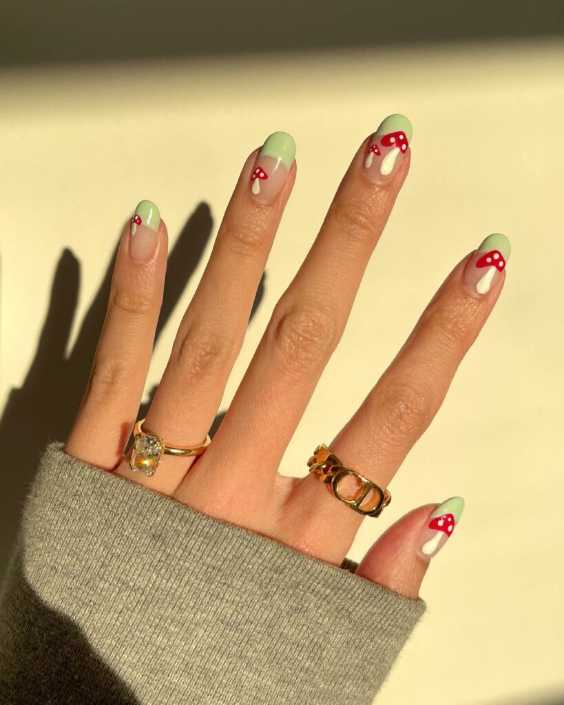 Mushroom Nails With Mint Green French Tips